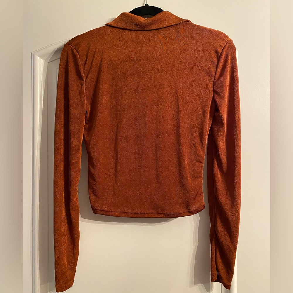 Burnt Orange Ruched Ruffle Button Down - Picture 4 of 4